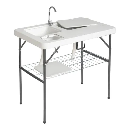 Mesa de Limpieza Plegable de Acero Inoxidable con Doble Fregadero, Grifo y Rociador, Portátil para Camping, Pesca y Barbacoa