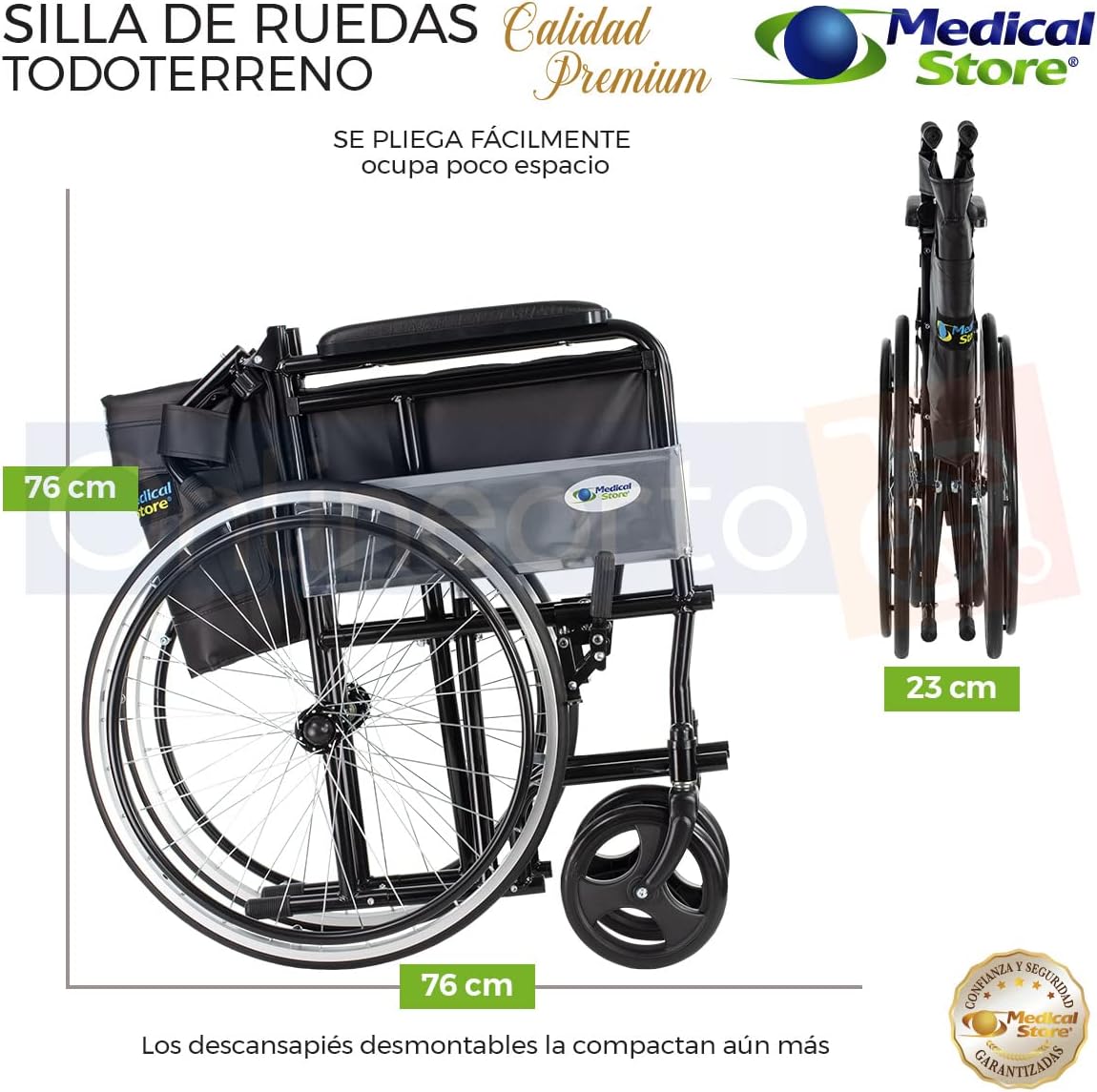 MEDICAL STORE Silla de Ruedas, Modelo 809F, Acero Resistente, Descansapies Desmontables, Descansabrazos Fijos Rectos, Asiento y Respaldo de Vinil Alta Resistencia. (ROJO)