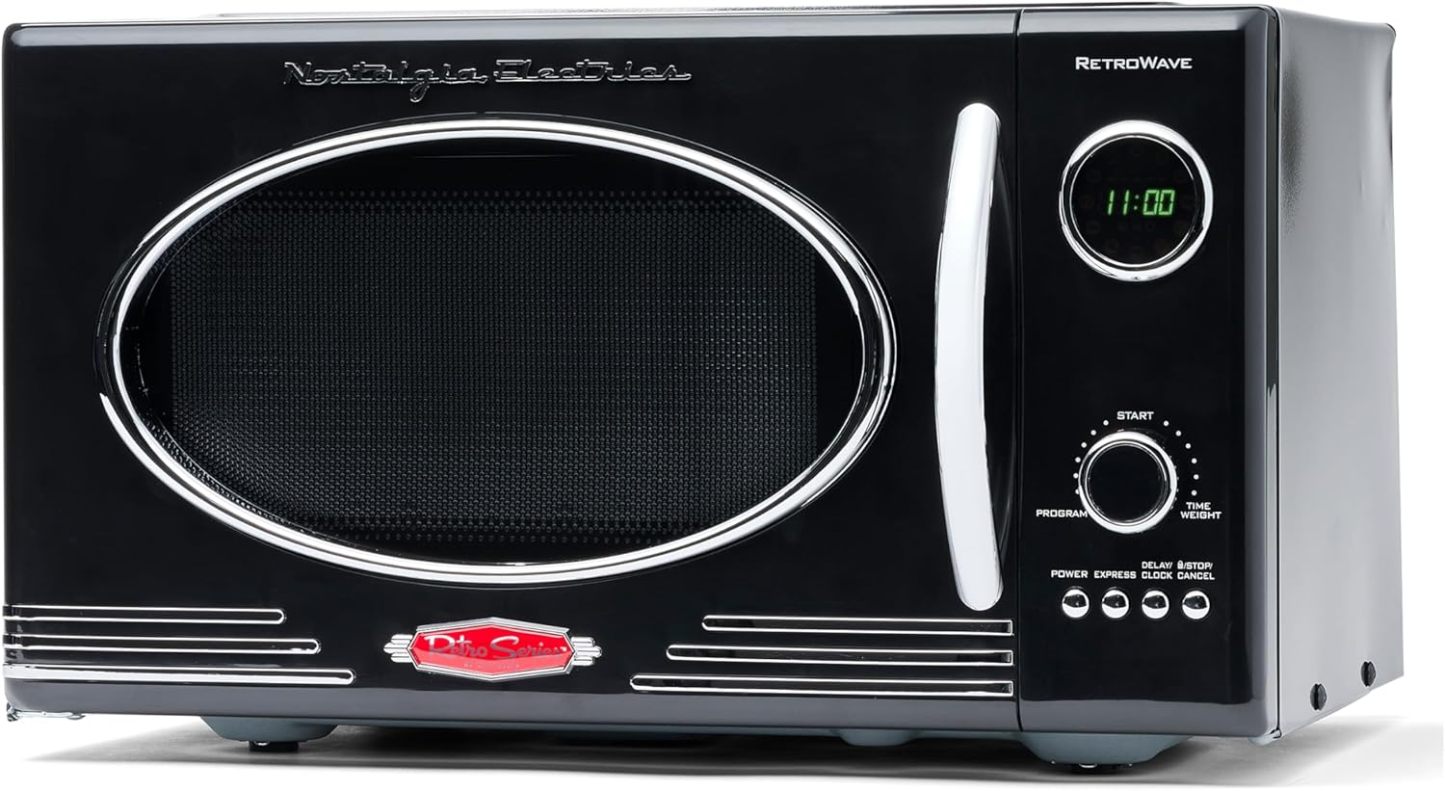 Nostalgia - Horno de microondas retro para encimera de mediados de siglo, tamaño grande de 900 W, 0.9 pies cúbicos, 8 ajustes de cocción preprogramados, reloj digital, electrodomésticos de cocina,
