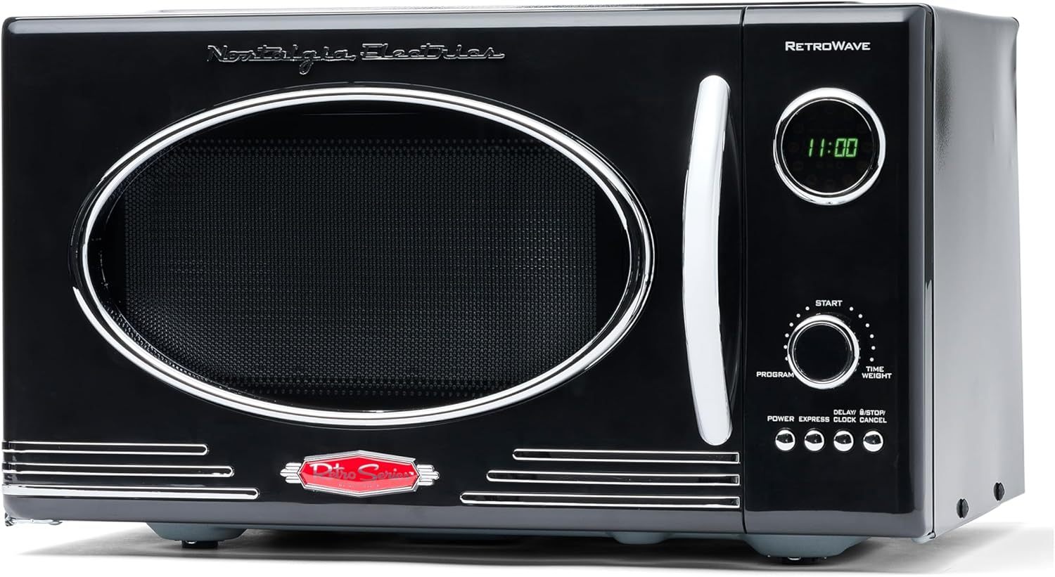 Nostalgia - Horno de microondas retro para encimera de mediados de siglo, tamaño grande de 900 W, 0.9 pies cúbicos, 8 ajustes de cocción preprogramados, reloj digital, electrodomésticos de cocina,