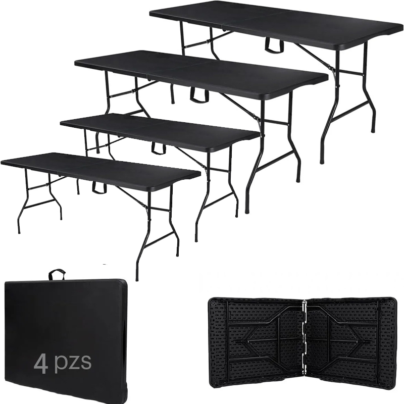 Paquete de 2 Mesas Plegables Negras 180 cm | Mesas de Plástico Resistente Uso Rudo | Ideales para Eventos, Jardín, Negocio y Hogar | Fácil Almacenamiento