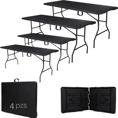 Paquete de 2 Mesas Plegables Negras 180 cm | Mesas de Plástico Resistente Uso Rudo | Ideales para Eventos, Jardín, Negocio y Hogar | Fácil Almacenamiento