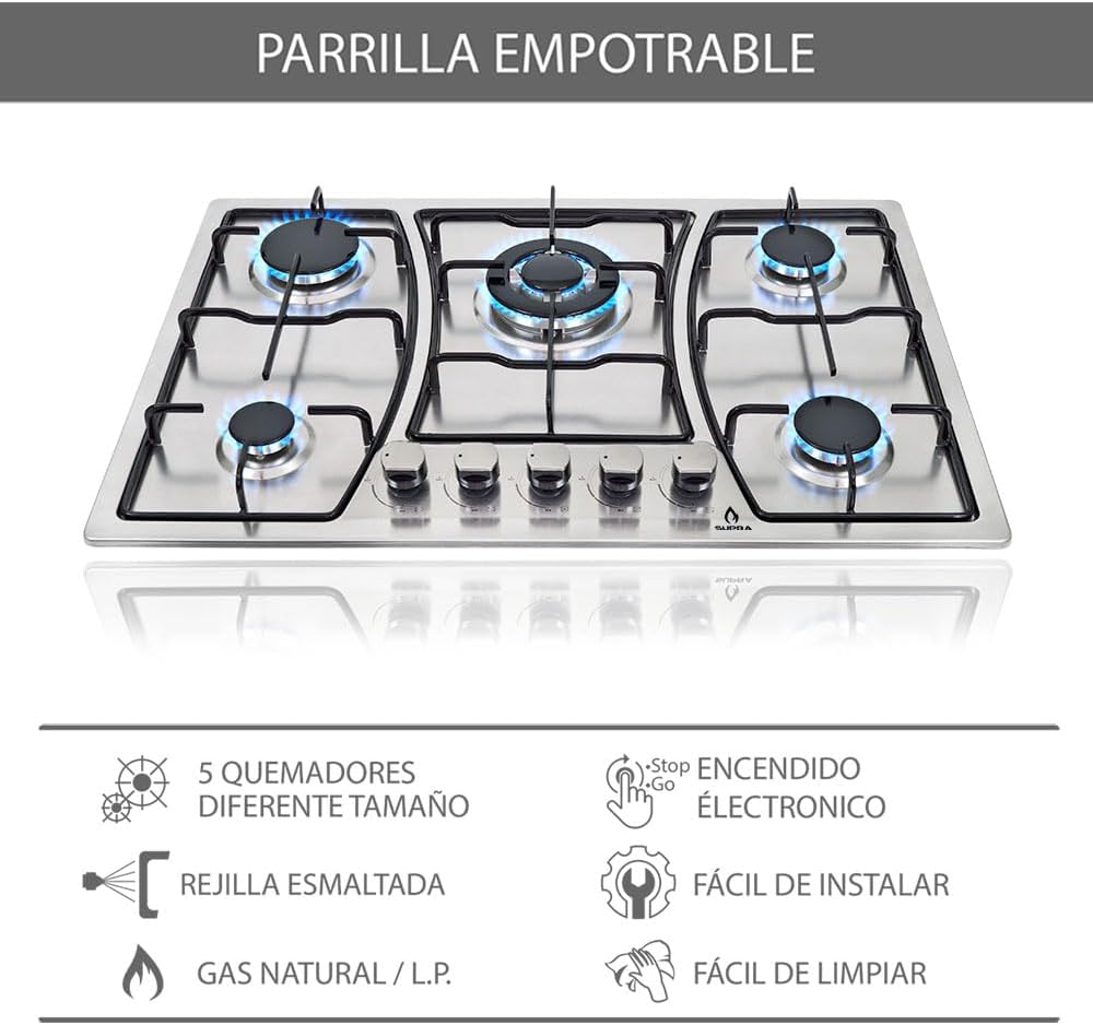 SUPRA Tricombo empotrable Zenit, Parrilla a gas de 5 quemadores para empotrar Mod. ZEGNA, Campana extractora de pared Mod. CC-76,Horno en acero inoxidable con cristal templado Mod. SILVER VORTEX