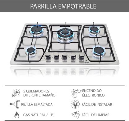 SUPRA Tricombo empotrable Zenit, Parrilla a gas de 5 quemadores para empotrar Mod. ZEGNA, Campana extractora de pared Mod. CC-76,Horno en acero inoxidable con cristal templado Mod. SILVER VORTEX