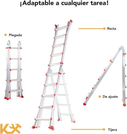 Kingsman | Escalera Multiposiciones 12 Peldaños con Charolas – Soporta hasta 150 kg – Escalera de Aluminio 3.5 MTS – Plegable – Escalera Multipropósito – Tipo Tijera – Andamio – Escalera Recta