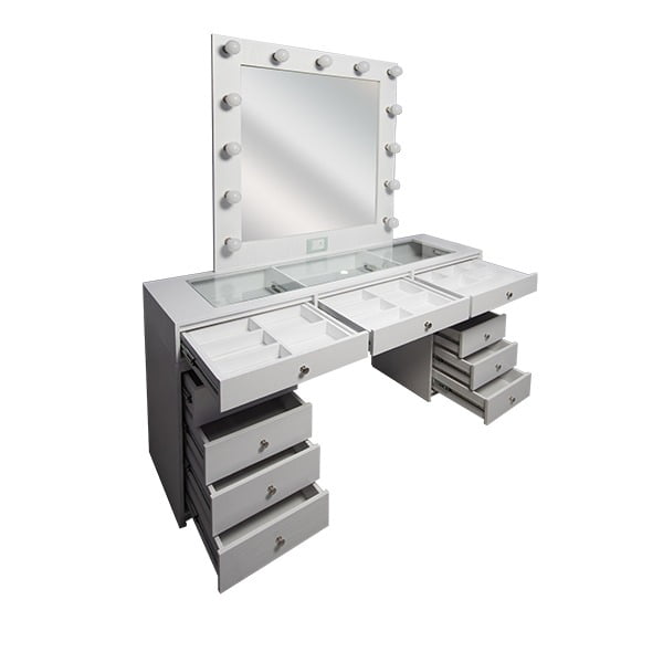 Tocador sofisticado con espejo, con iluminación led de 13 focos ahorradores, con separadores movibles, enchufe y apagador Hollywood. R21 Muebles TOCADOR HOLLYWOOD.