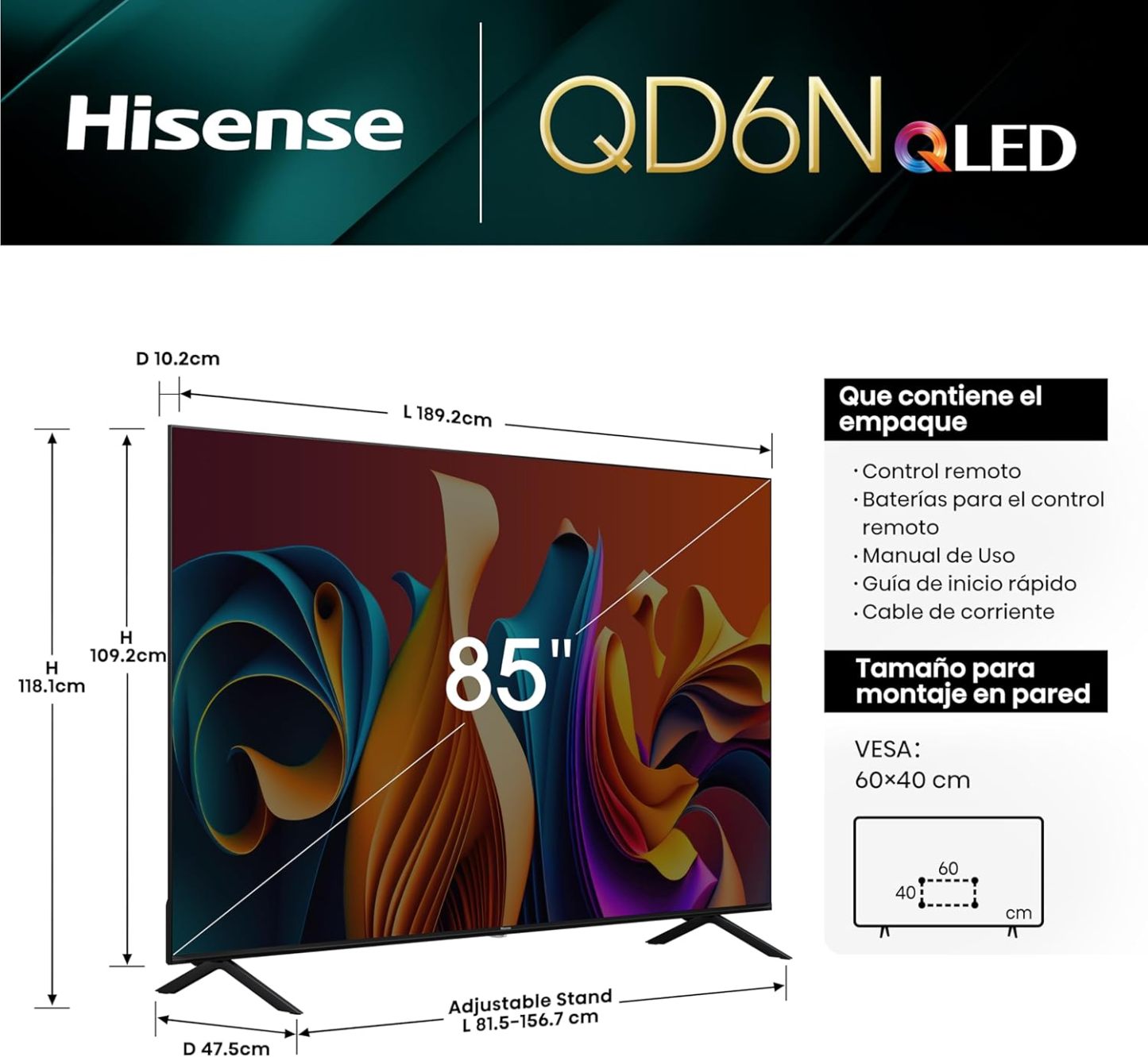 Hisense Pantalla QLED de 43" 43QD6N Google TV Works with Alexa 2024