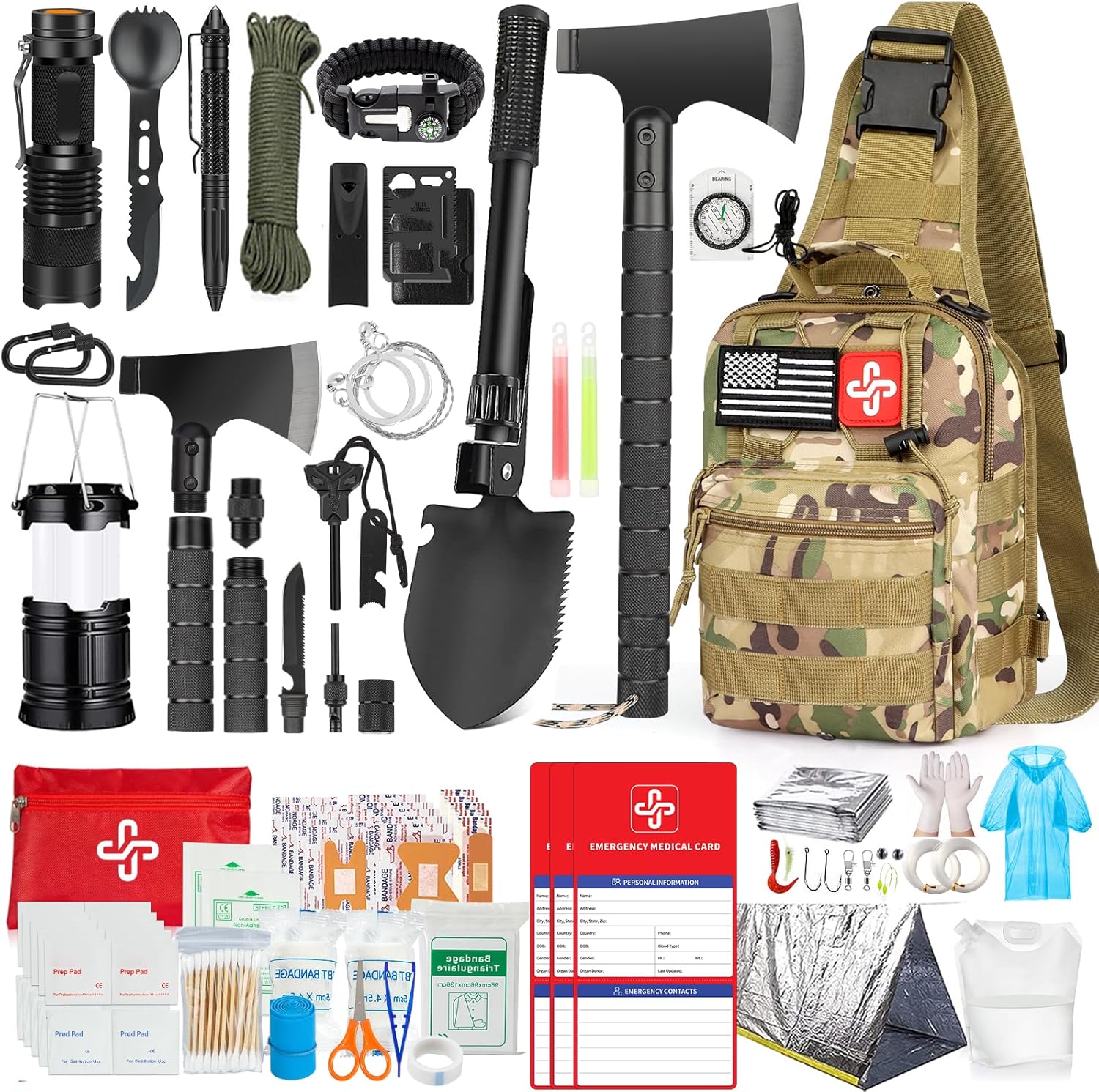Kit de supervivencia, 262 piezas de equipo de supervivencia y suministros con bolsa de primeros auxilios y bolsa cruzada, kit de emergencia con tienda, martillo de hacha de campamento, pala de