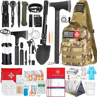 Kit de supervivencia, 262 piezas de equipo de supervivencia y suministros con bolsa de primeros auxilios y bolsa cruzada, kit de emergencia con tienda, martillo de hacha de campamento, pala de