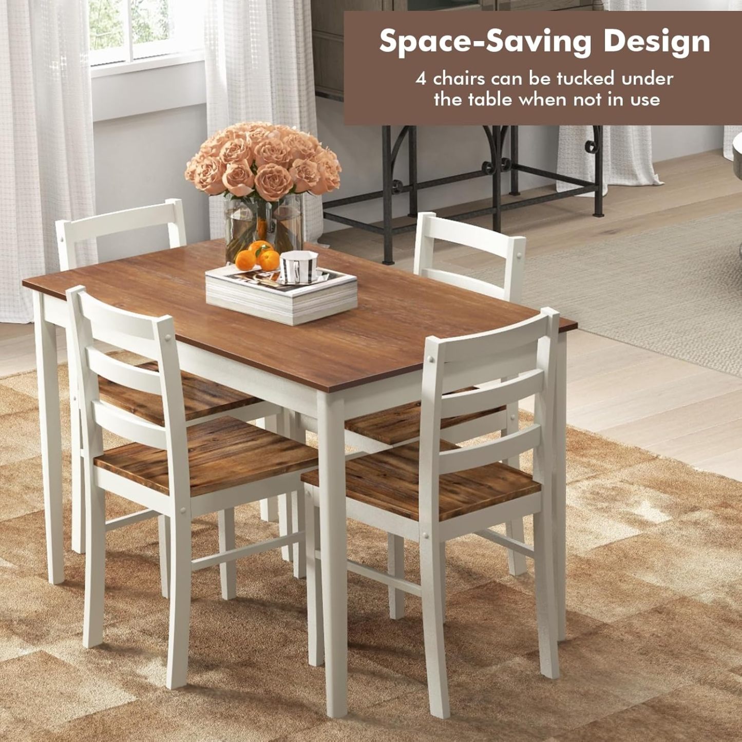 Giantex - Juego de mesa de comedor para 4, mesa rectangular de madera maciza y 4 sillas, juego de comedor de 5 piezas con patas de madera de goma, muebles de cocina que ahorran espacio para cocina,