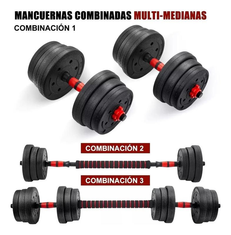 Kit De Pesas Set Mancuernas Ajustable 20kg Barra Rusa Kettlebell Ejercicio Completo Color Negro