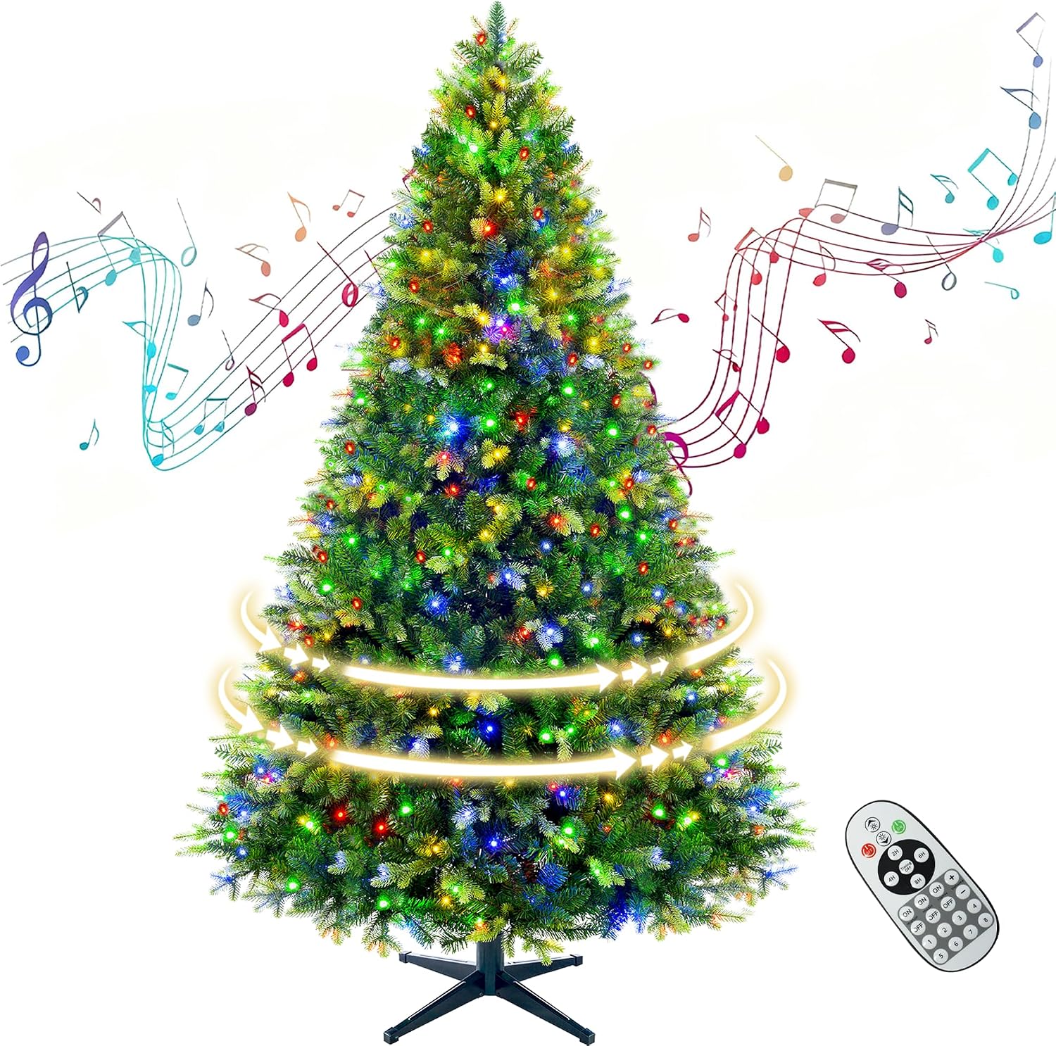 [Oferta especial de preventa]360 ° Árbol de Navidad Preiluminado Rotativo 6.5 pies - Árbol de Navidad Artificial Musical con Control Remoto, 1036 PE y PVC Puntas Mezcladas, 8 Modos 330 Luzes LED Multicolor