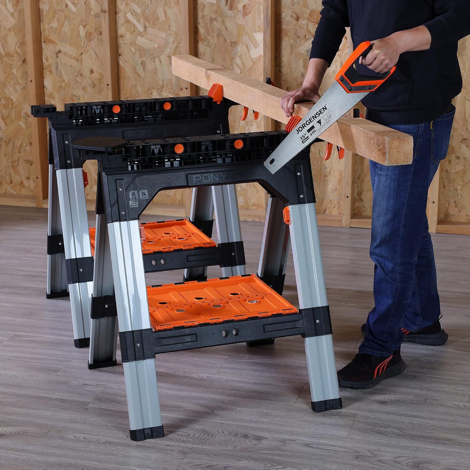 🛠️ PONY Caballetes de Trabajo Plegables con Abrazaderas para Carpintería y Proyectos DIY 🔩