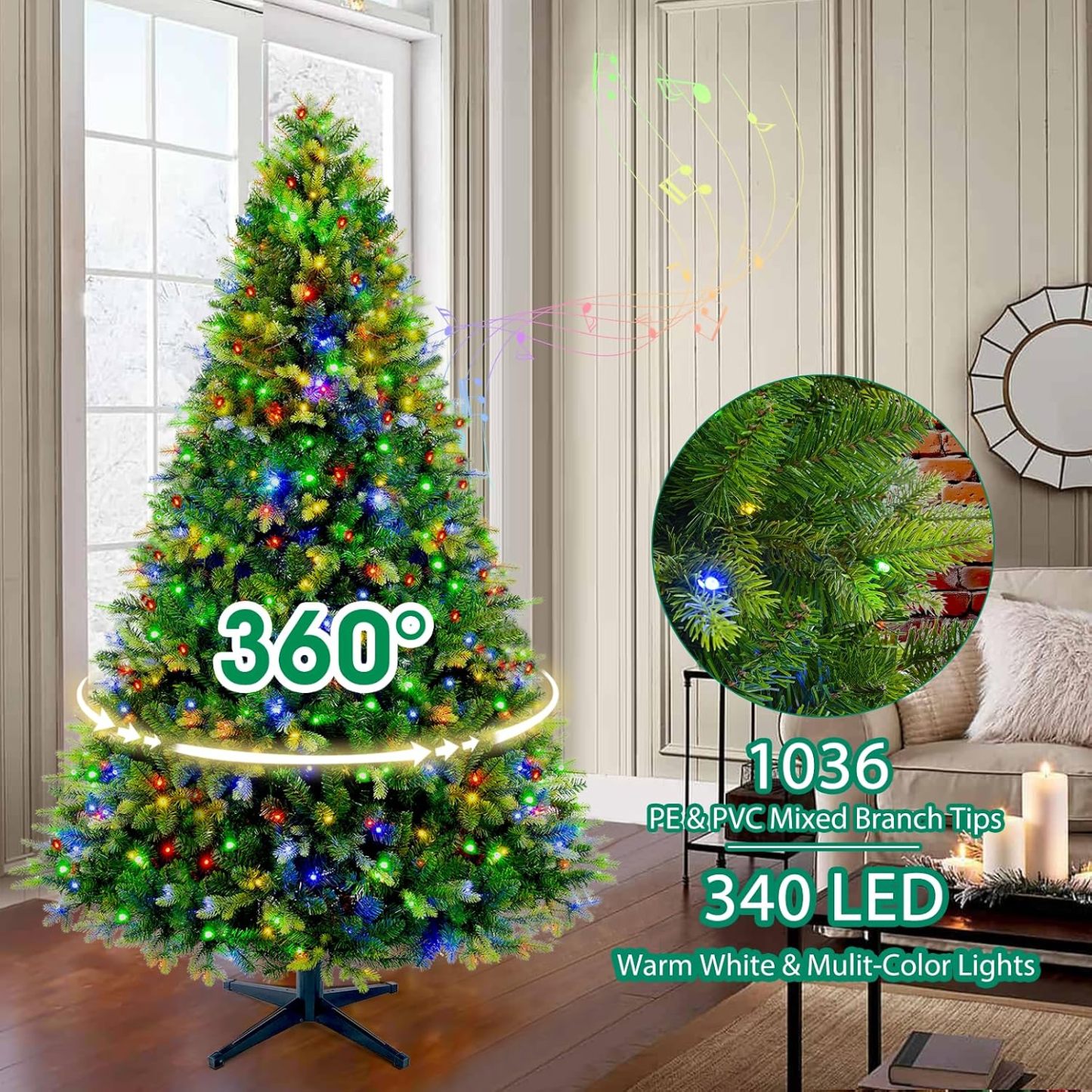 [Oferta especial de preventa]360 ° Árbol de Navidad Preiluminado Rotativo 6.5 pies - Árbol de Navidad Artificial Musical con Control Remoto, 1036 PE y PVC Puntas Mezcladas, 8 Modos 330 Luzes LED Multicolor