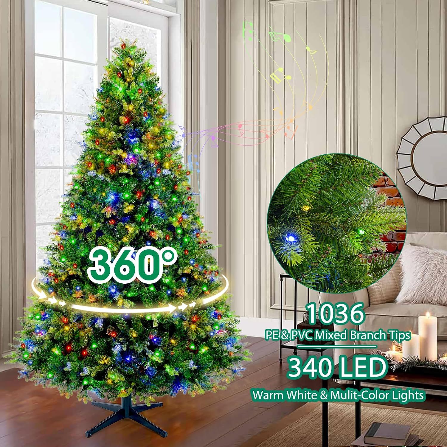 [Oferta especial de preventa]360 ° Árbol de Navidad Preiluminado Rotativo 6.5 pies - Árbol de Navidad Artificial Musical con Control Remoto, 1036 PE y PVC Puntas Mezcladas, 8 Modos 330 Luzes LED Multicolor
