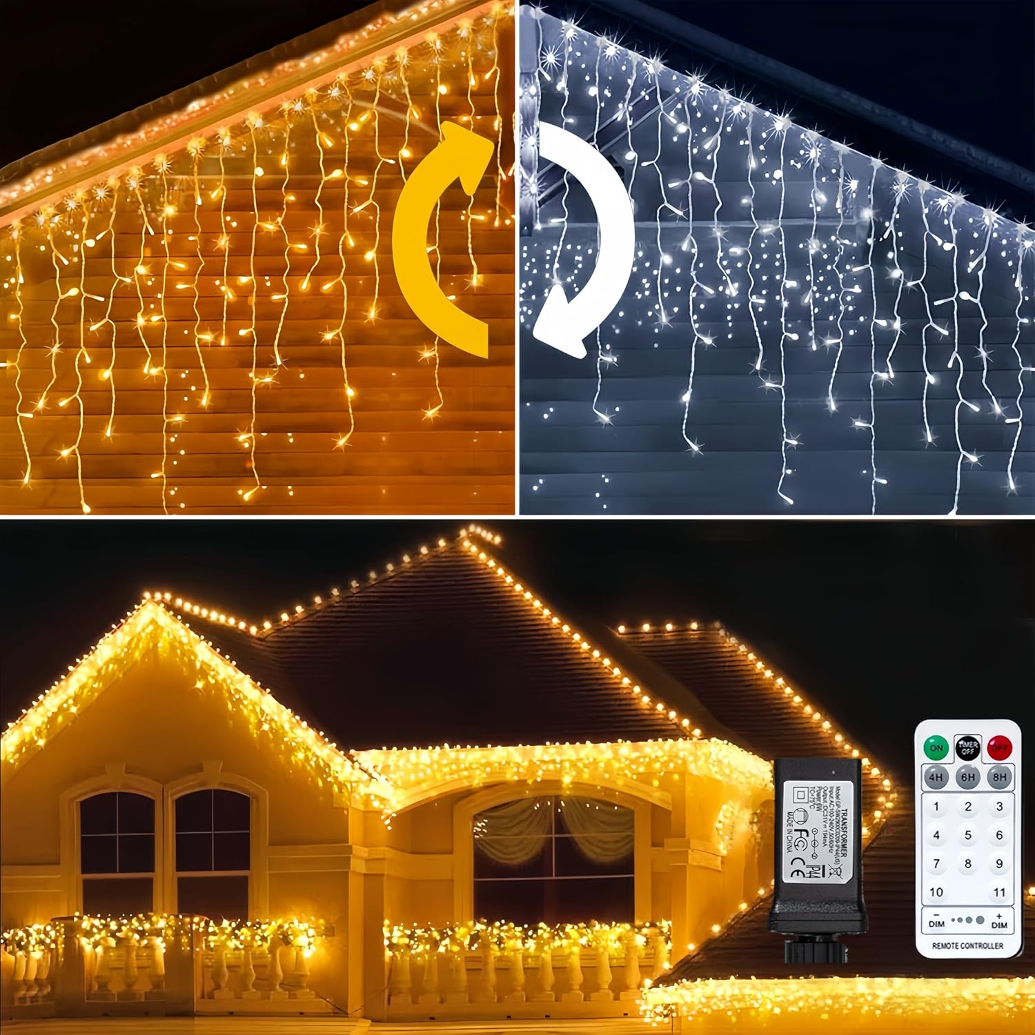 DAHAN Luces de Carámbano para Exteriores, 2 en1 Luces Navideñas Puede Cambiar de Color, Icicles Cascada de Impermeable para decoración de Navidad, Aleros (Blanco Cálido&Blanco Frío, 9M 500LED)
