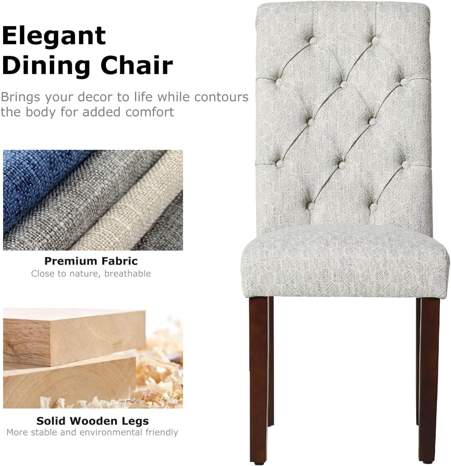 COLAMY - Juego de 6 sillas de Comedor con Botones y tapizadas, con Patas de Madera Maciza y Asiento Acolchado para Comedor, Cocina, Color Gris