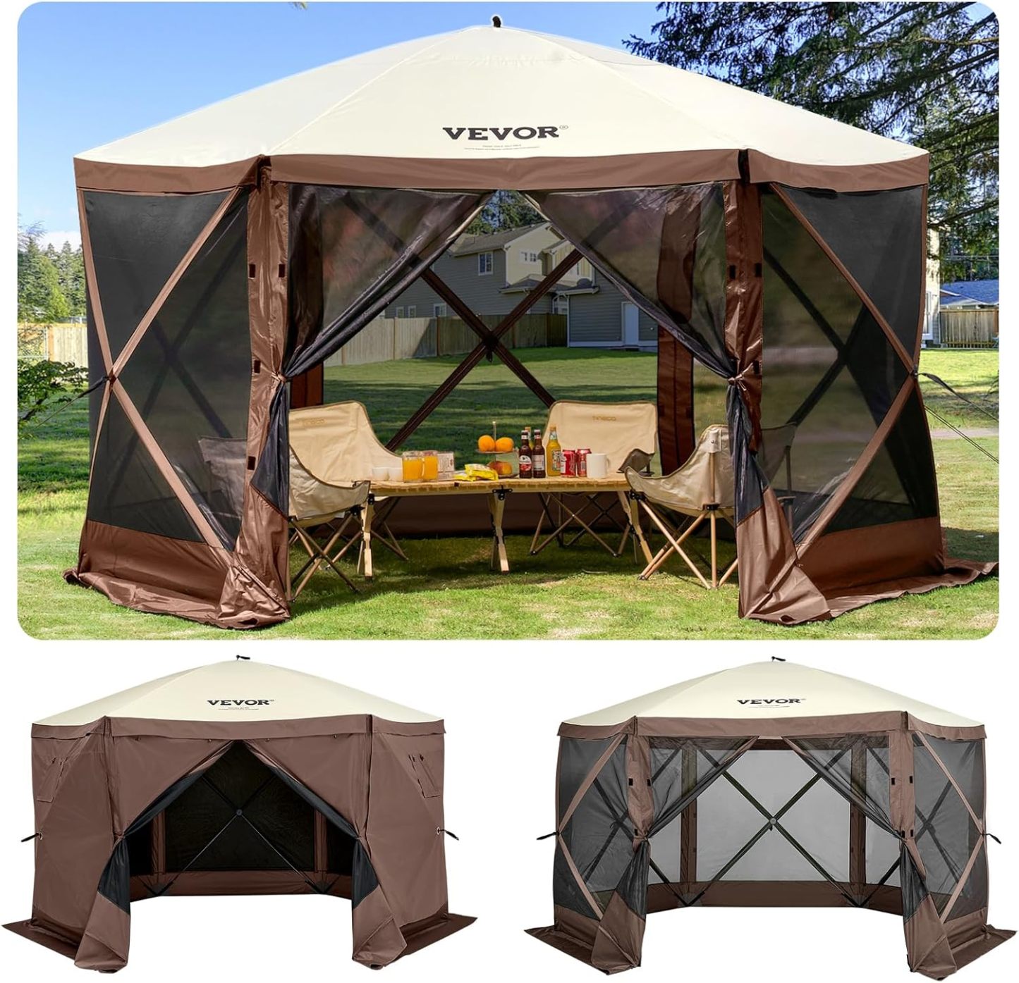VEVOR Carpa Plegable de 6 Lados 3,6 x 3,6 m, Pérgola de Jardín con Techo Desmontable y Bolsa de Transporte, Carpa de Exterior para 8 a 10 Personas, para Fiesta, Camping, Playa, Patio, Jardín, Marrón