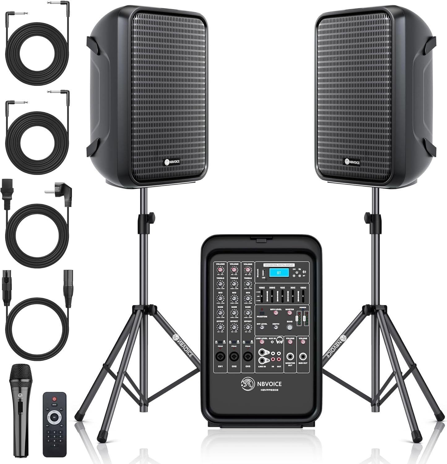Sistema de PA de 2 vías integrado profesional portátil todo en uno, configuración fija, diseño de veliz con mezclador de 8 canales, 2 soportes de altavoces, Bluetooth, micrófono para