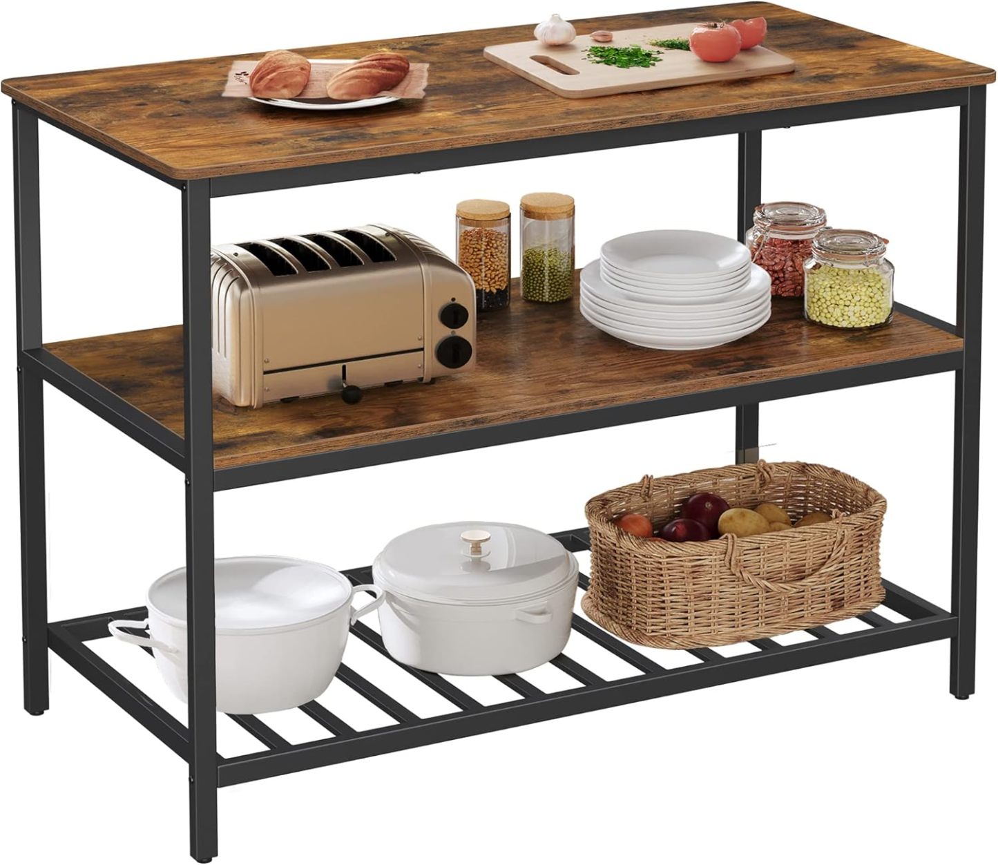 VASAGLE Isla de Cocina con Encimera Grande, Estanter��a de Cocina, 3 Niveles, Marco de Acero, 60 x 120 x 90 cm, Marr��n R��stico y Negro MKKI01BX