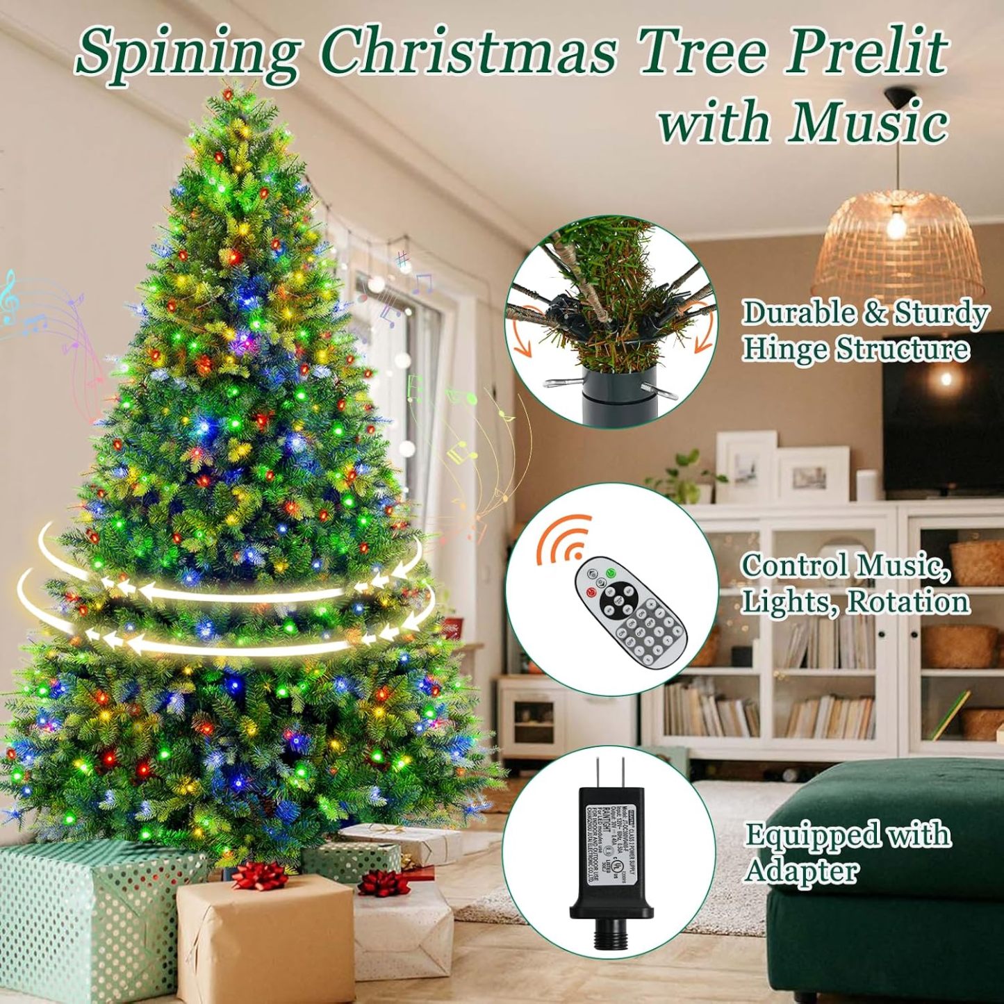 [Oferta especial de preventa]360 ° Árbol de Navidad Preiluminado Rotativo 6.5 pies - Árbol de Navidad Artificial Musical con Control Remoto, 1036 PE y PVC Puntas Mezcladas, 8 Modos 330 Luzes LED Multicolor