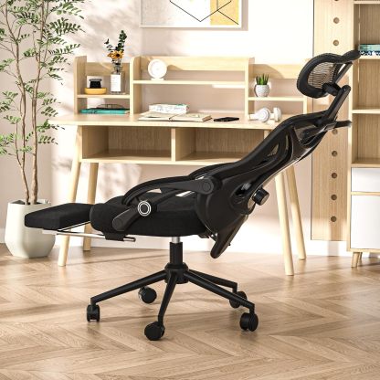 Silla de oficina reclinable, moderna y cómoda Sweetcrispy: silla ergonómica con respaldo de malla, altura ajustable, giro de 360 ​​grados y ruedas; incluye reposapiés, reposacabezas ajustable, reposabrazos acolchados y bloqueo de reclinación.