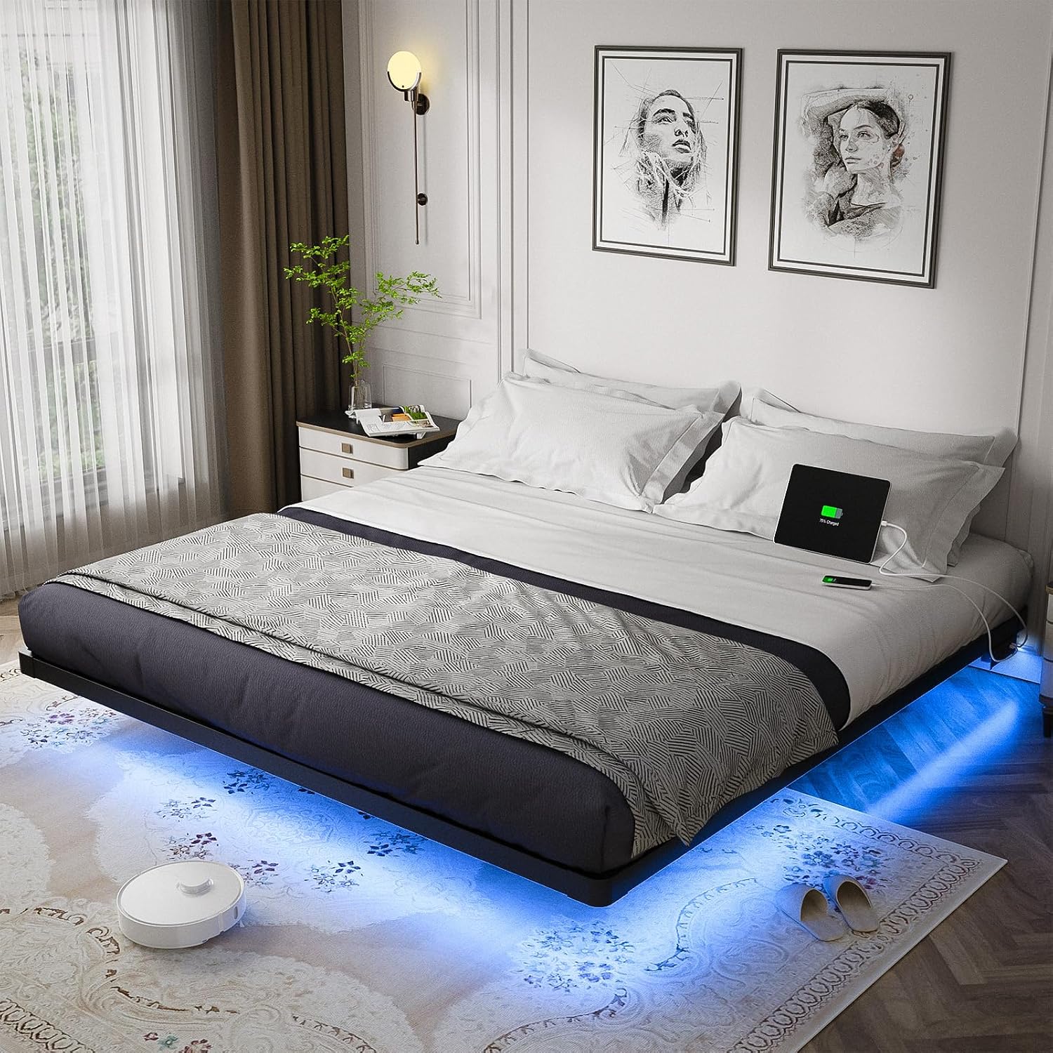 OLEVS - Marco de cama flotante tamaño Queen con luces LED inteligentes y estación de carga, cama moderna con plataforma de metal, fácil montaje, no necesita somier