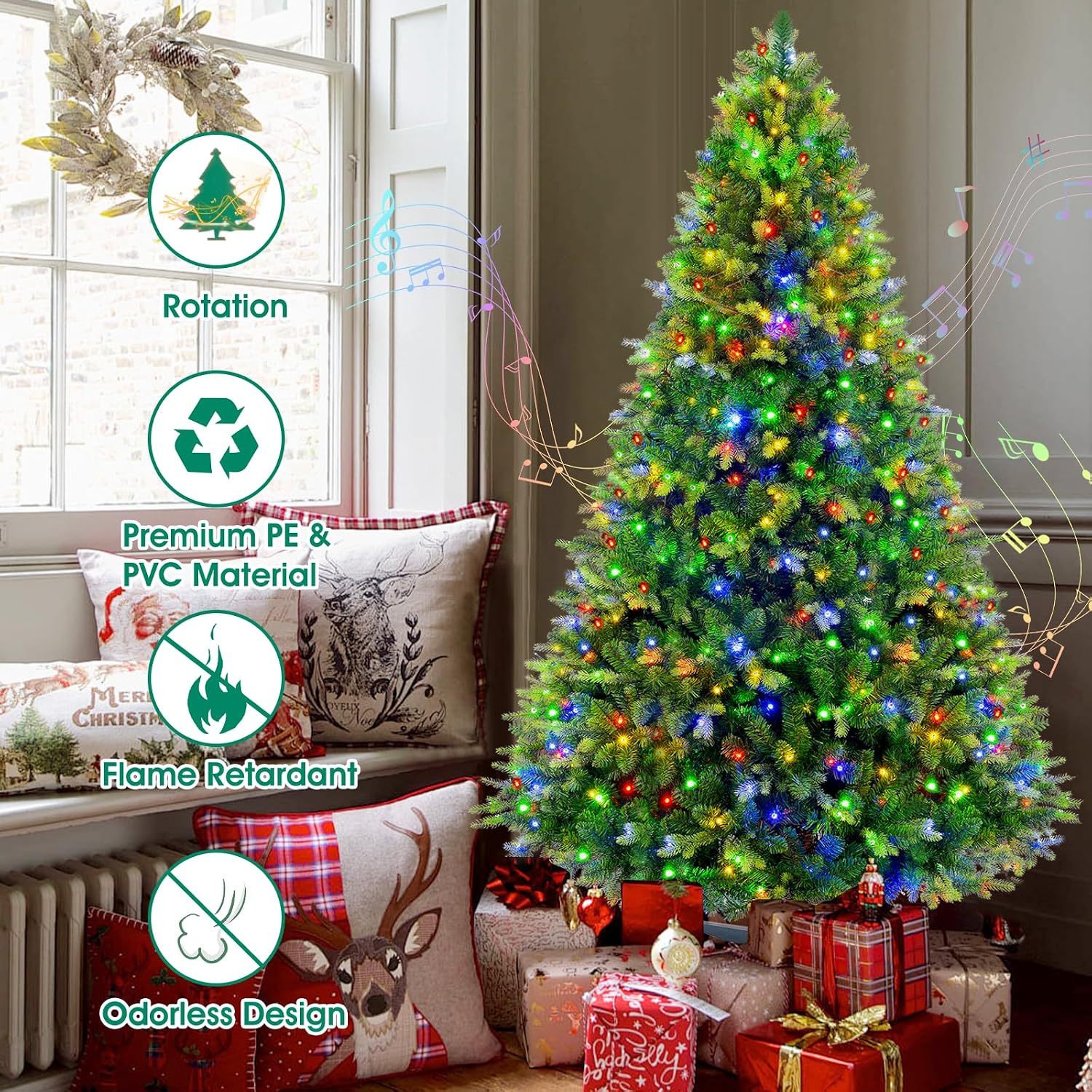 [Oferta especial de preventa]360 ° Árbol de Navidad Preiluminado Rotativo 6.5 pies - Árbol de Navidad Artificial Musical con Control Remoto, 1036 PE y PVC Puntas Mezcladas, 8 Modos 330 Luzes LED Multicolor