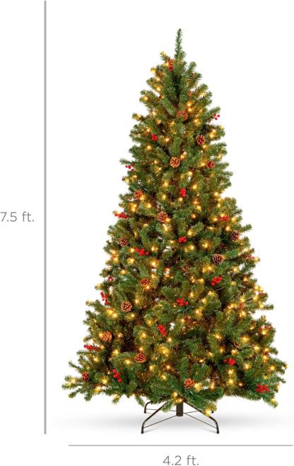 Best Choice Products - Árbol de Navidad artificial preiluminado de 6 pies predecorado con bisagras, con 798 puntas, piñas, bayas, 250 luces, base de metal