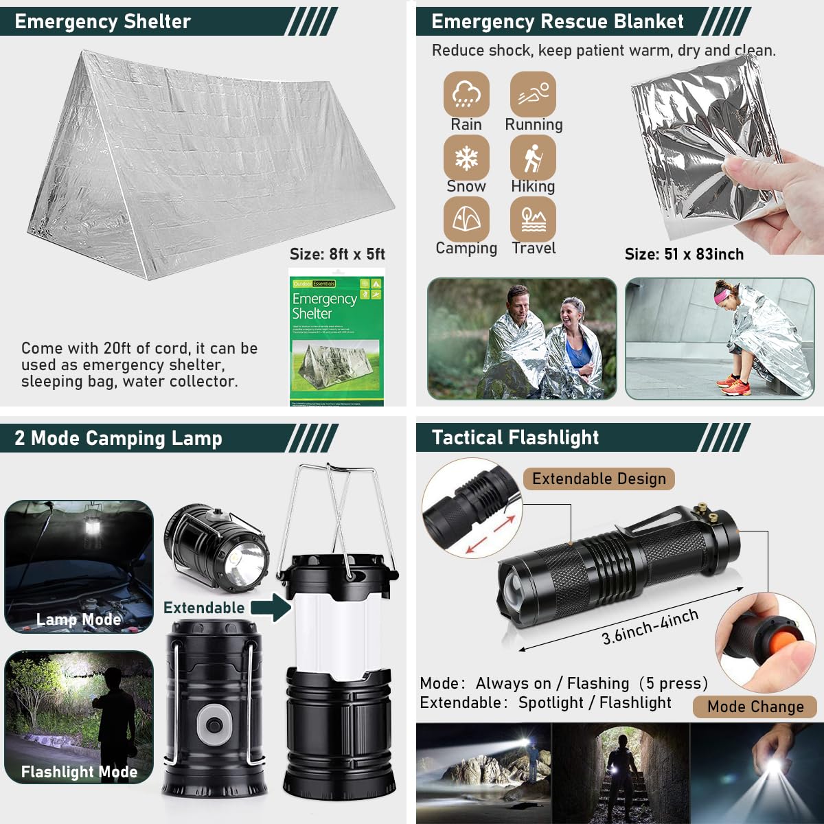 Kit de supervivencia, 262 piezas de equipo de supervivencia y suministros con bolsa de primeros auxilios y bolsa cruzada, kit de emergencia con tienda, martillo de hacha de campamento, pala de