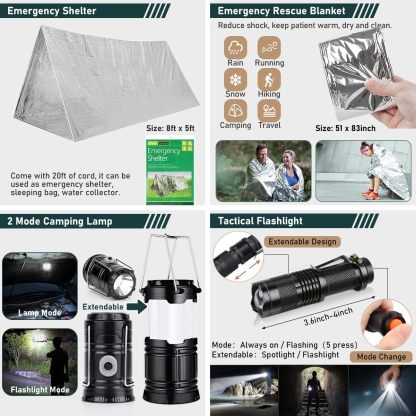 Kit de supervivencia, 262 piezas de equipo de supervivencia y suministros con bolsa de primeros auxilios y bolsa cruzada, kit de emergencia con tienda, martillo de hacha de campamento, pala de