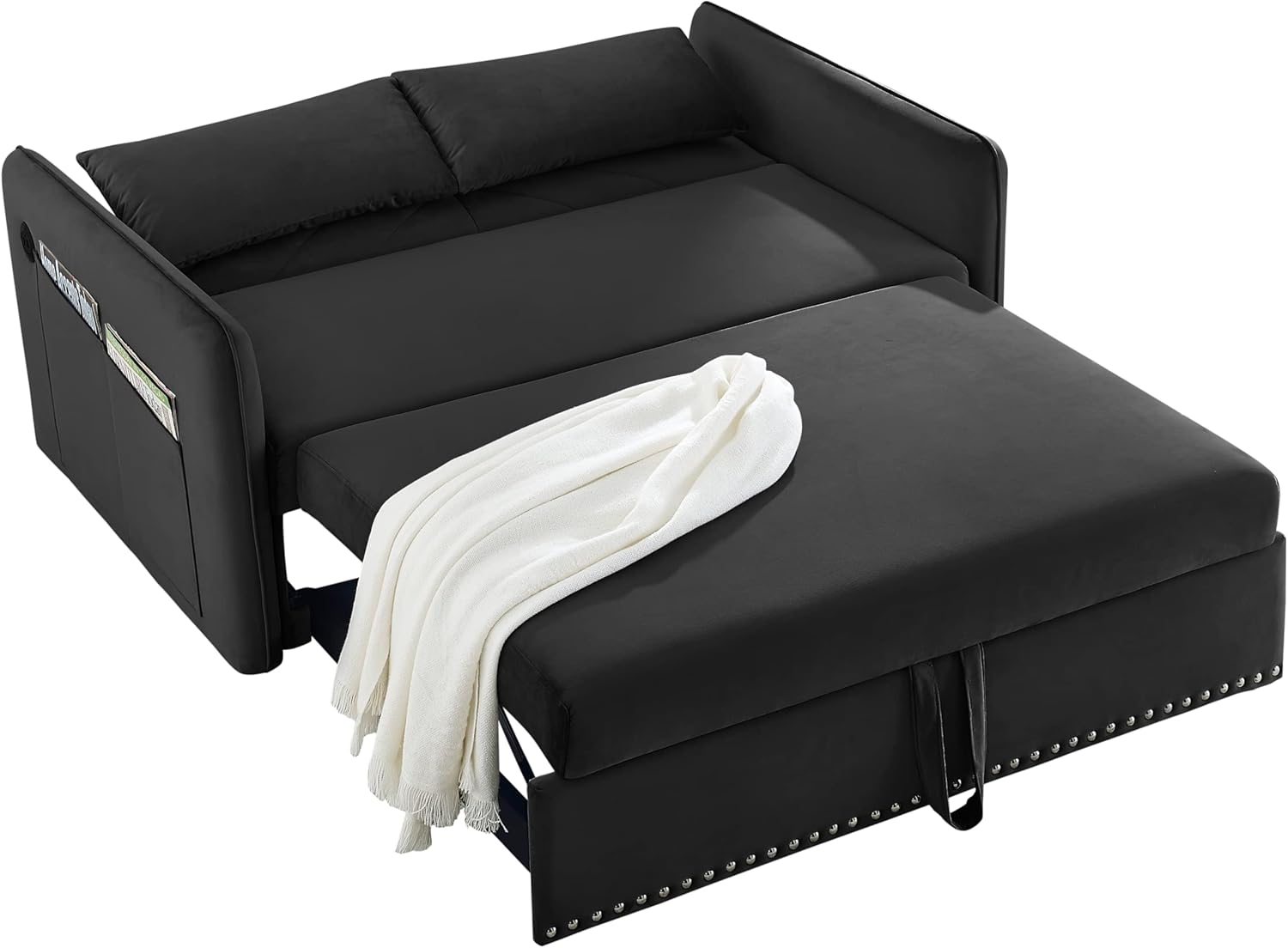 Miscoos - Sofá Cama de Terciopelo con Puerto USB 3 en 1 Ajustable, tirón, 2 Almohadas Lumbar, Bolsillo Lateral, Adecuado para Sala de Estar, recámara, Color Negro