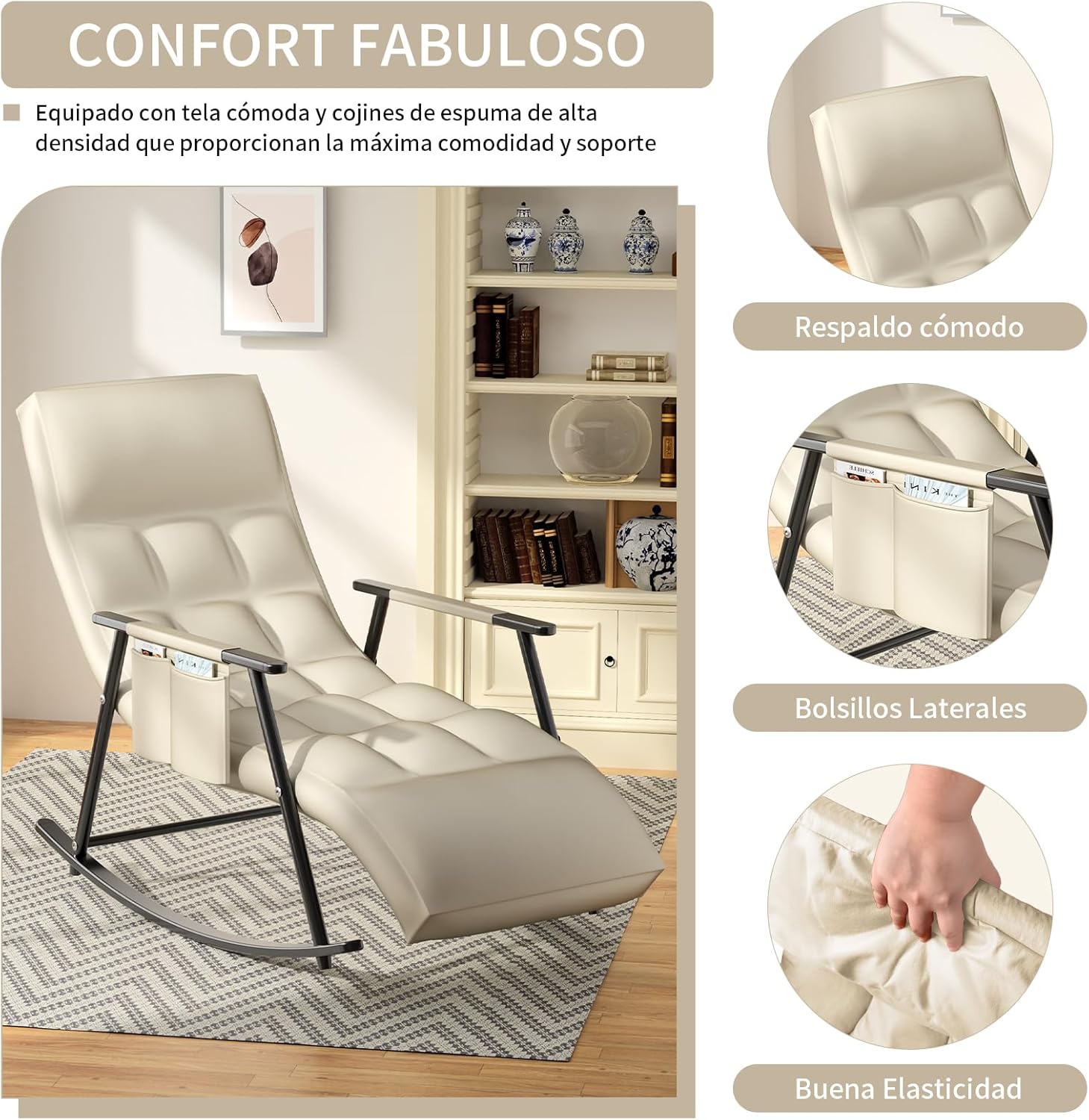 Sillas Mecedora, sillón reclinable Mecedora con Respaldo Regulable y reposapiernas, Sillón Reclinable para Salón, Dormitorio, balcón y Oficina, Puede soportar 300 kg (Blanquecino)