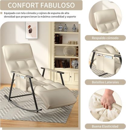 Sillas Mecedora, sillón reclinable Mecedora con Respaldo Regulable y reposapiernas, Sillón Reclinable para Salón, Dormitorio, balcón y Oficina, Puede soportar 300 kg (Blanquecino)