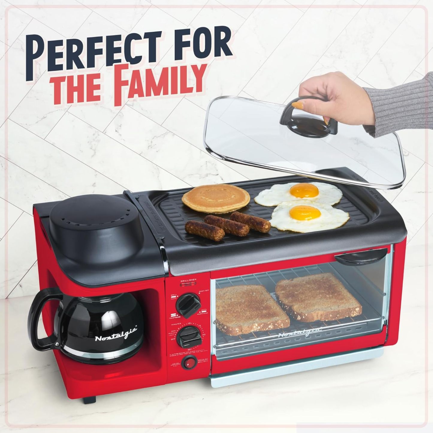 NOSTALGIA BST3RR Retro 3-in-1 Family Size Breakfast Station, Red