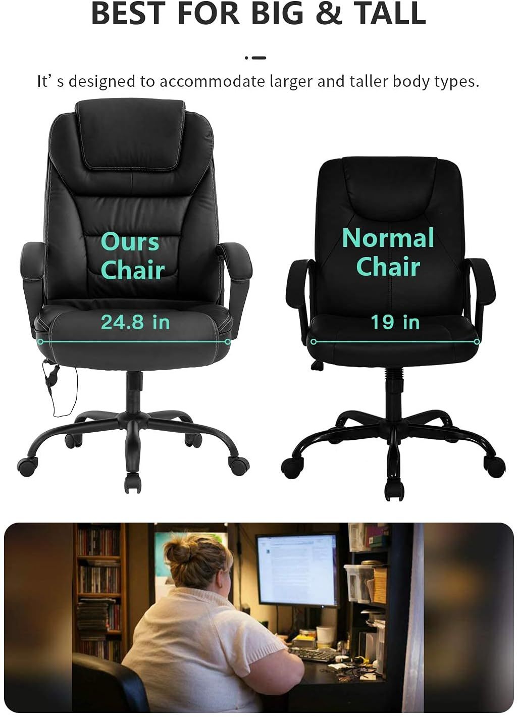 Silla de oficina grande y alta de 500 libras de asiento ancho, silla de computadora ergonómica con brazos de apoyo lumbar, respaldo alto, silla de computadora ejecutiva de piel sintético, para
