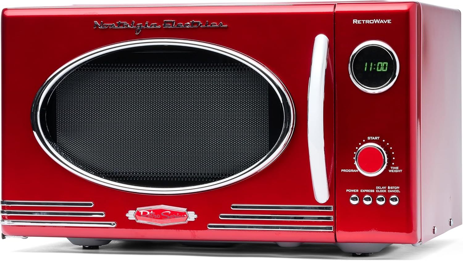 Nostalgia - Horno de microondas retro para encimera de mediados de siglo, tamaño grande de 900 W, 0.9 pies cúbicos, 8 ajustes de cocción preprogramados, reloj digital, electrodomésticos de cocina,
