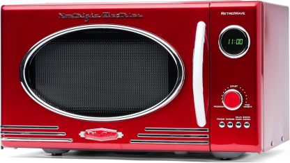 Nostalgia - Horno de microondas retro para encimera de mediados de siglo, tamaño grande de 900 W, 0.9 pies cúbicos, 8 ajustes de cocción preprogramados, reloj digital, electrodomésticos de cocina,