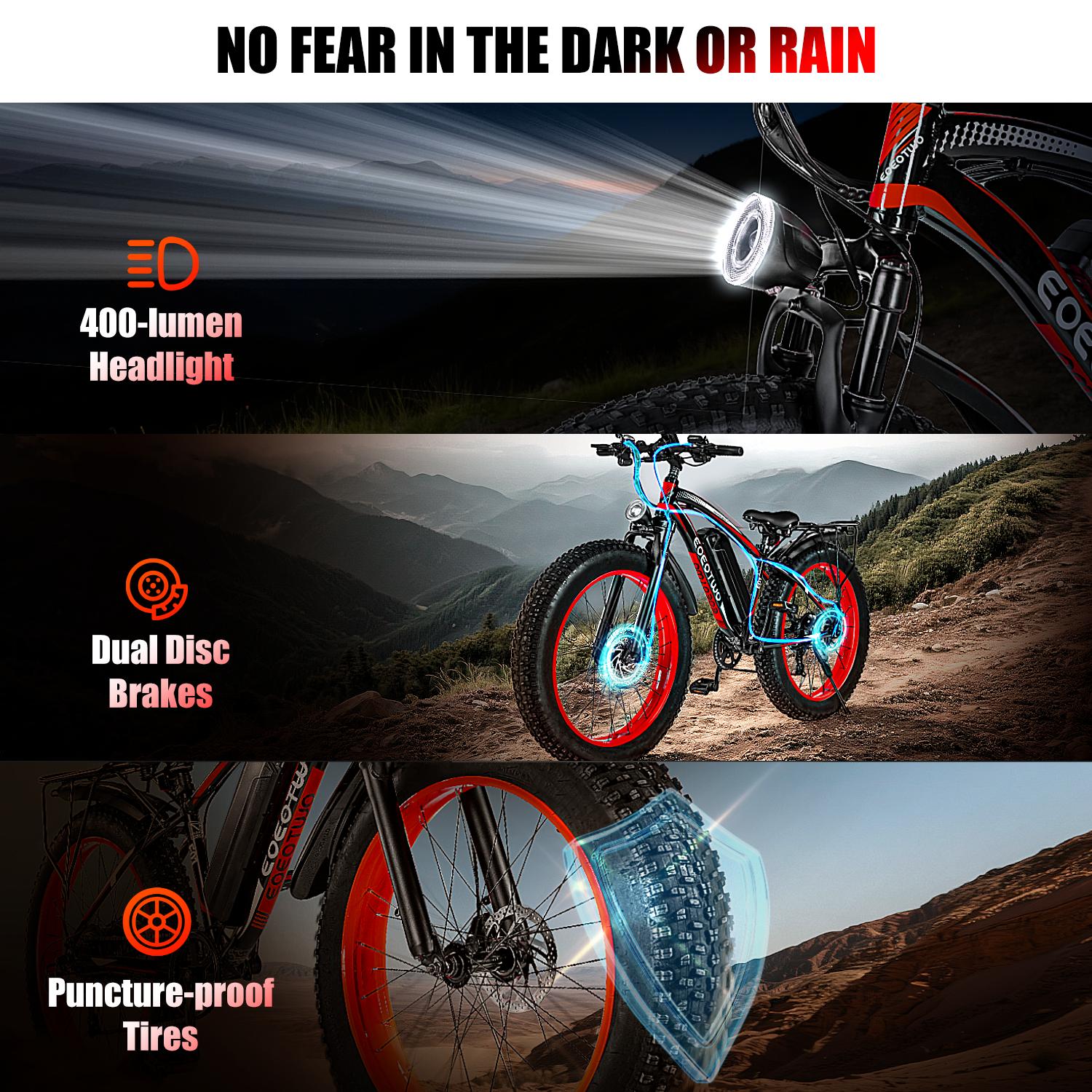 [EOEOTWO E01] 1500W Peak Motor Electric Bicycle with Front Suspension 48V 15AH Battery 26"x 4.0 Inch Tires 30+ MPH Speed 70 Miles Range for Snow Mountain Road Riding