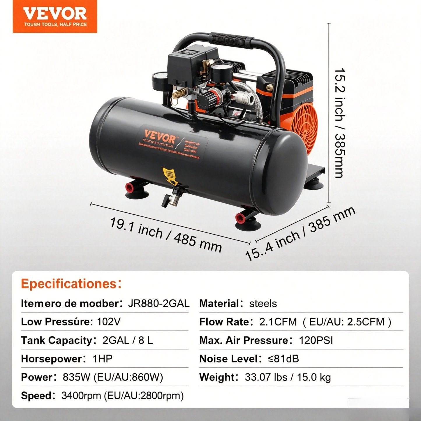 Compresor de aire VEVOR de 4.8 galones, 1.2 HP 2.2 CFM @90PSI tanque de compresor de aire última intervensión de aceite y máx. Compresor ultra silencioso de 70 dB de presión de 116 PSI para reparación