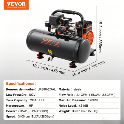 Compresor de aire VEVOR de 4.8 galones, 1.2 HP 2.2 CFM @90PSI tanque de compresor de aire última intervensión de aceite y máx. Compresor ultra silencioso de 70 dB de presión de 116 PSI para reparación
