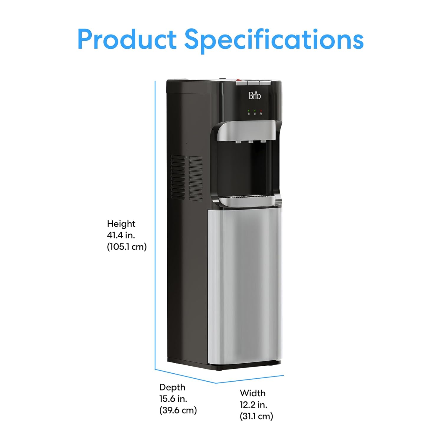 Brio Dispensador de enfriador de agua de carga inferior para botellas de 5 galones, 3 temperaturas con boquillas calientes, habitación y frías, bloqueo de seguridad infantil, visualización LED con alerta de botella vacía, acero inoxidable