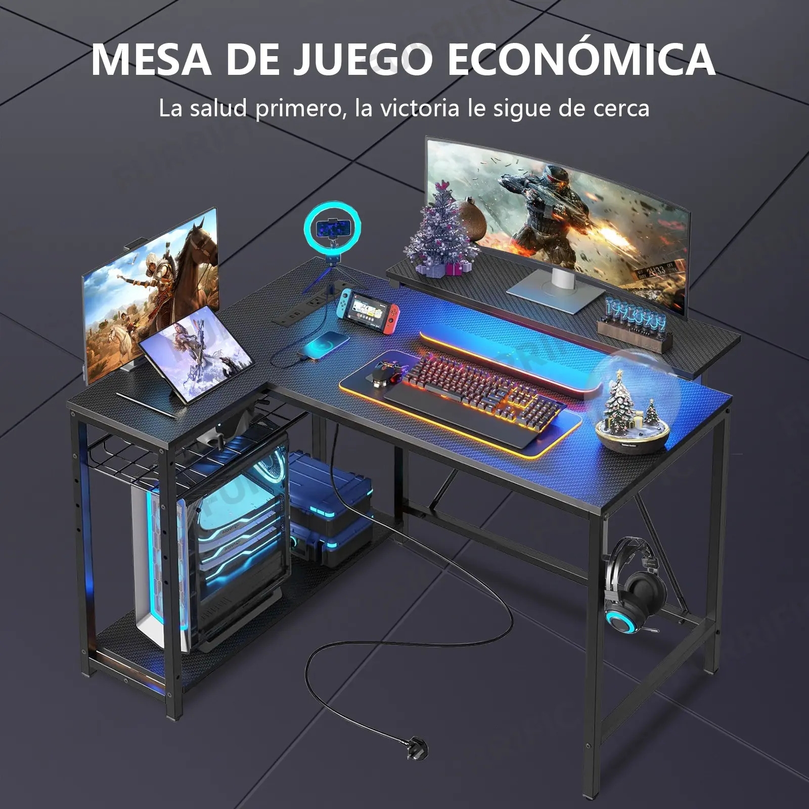 Furrific®escritorio Gamer En L Con Luz Led Y Regleta Enchufe