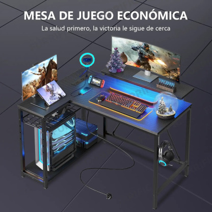 Furrific®escritorio Gamer En L Con Luz Led Y Regleta Enchufe