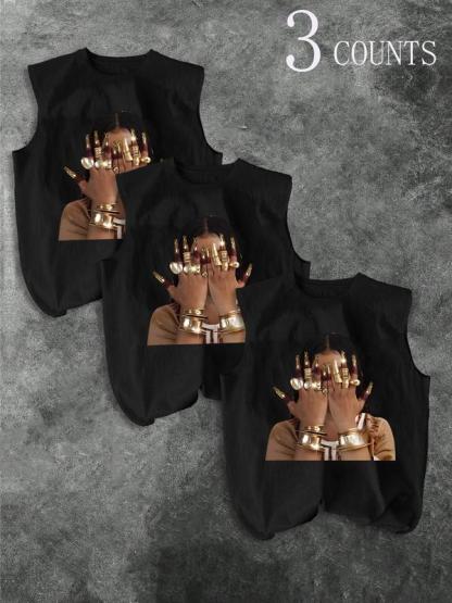 Men's Three-Piece Trendy Casual Sleeveless Vest Set, Face-Wiping Woman Print, Perfect for Summer, Vacation, Friend Gatherings