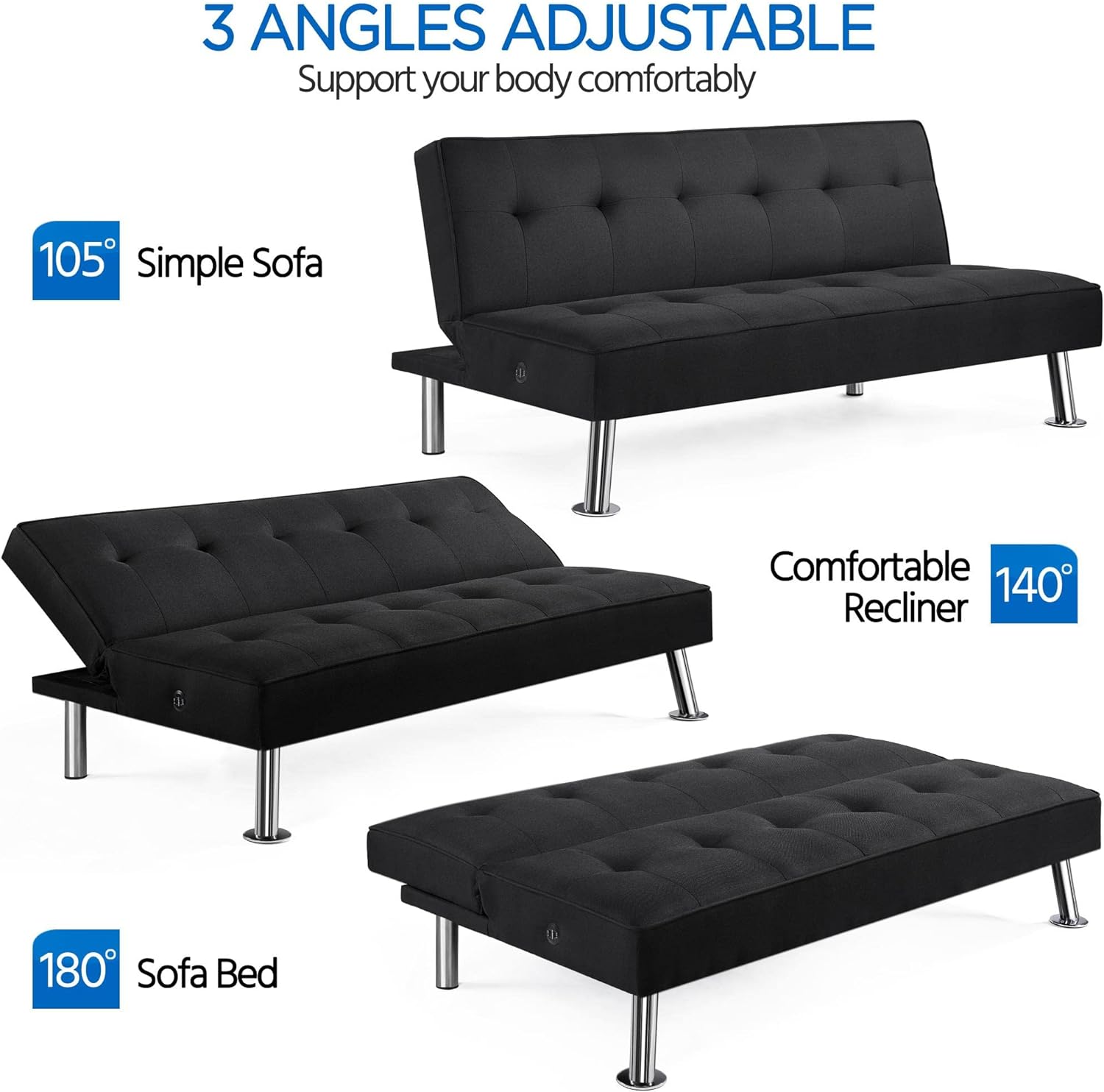 Yaheetech - Sofá Cama Convertible Moderno con 2 Puertos de Carga USB Integrados de Tela, Patas de Metal, 3 ángulos Ajustables para una Vida compacta, Departamento, recámara, habitación Extra Gris
