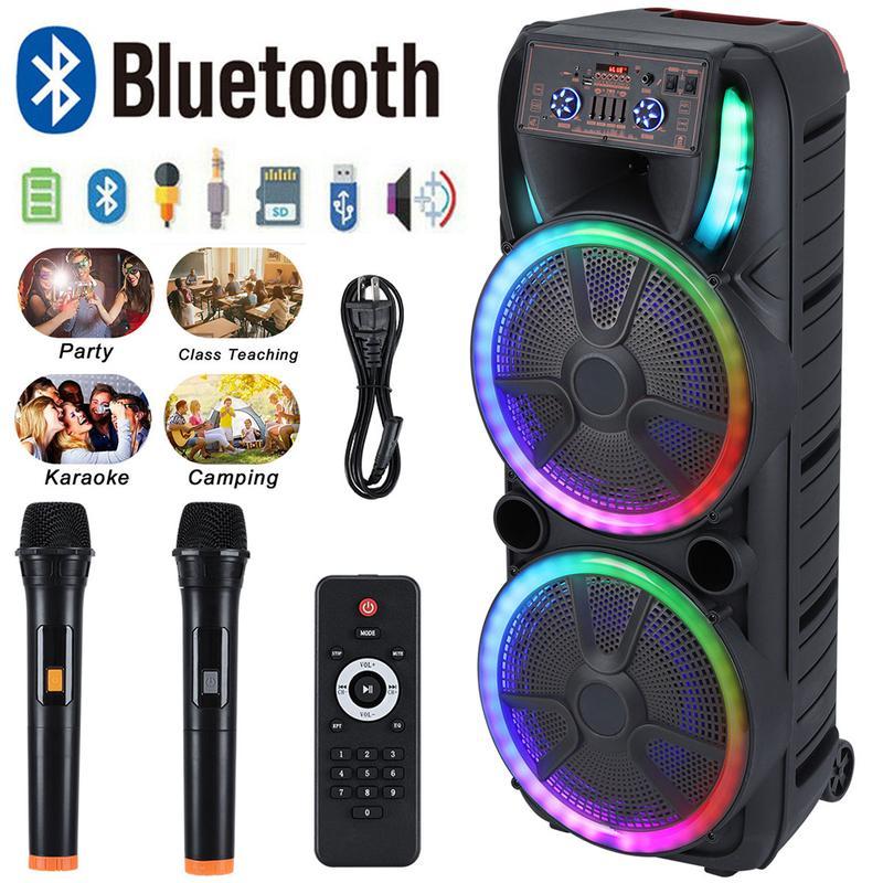 Sistema de altavoces para karaoke con doble woofer de 15 pulgadas — Altavoz portátil tipo "Party Box" con 2 micrófonos, Bluetooth inalámbrico, sonido estéreo, batería recargable, control remoto e iluminación LED.