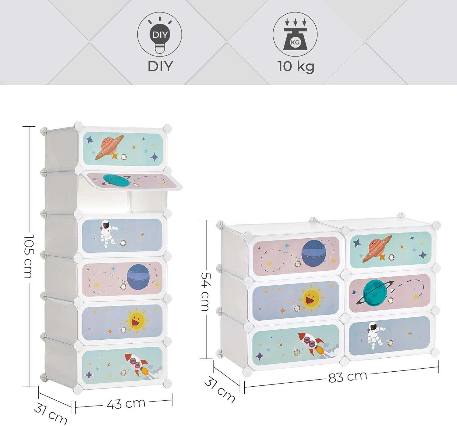 SONGMICS Modular Children's Shelf with 6 Cubes, Children's Shoe Rack, 43 x 31 x 105 cm, Modular Cabinet with Doors, for Clothes, Shoes, Toys, Cloud White MLPC904W01