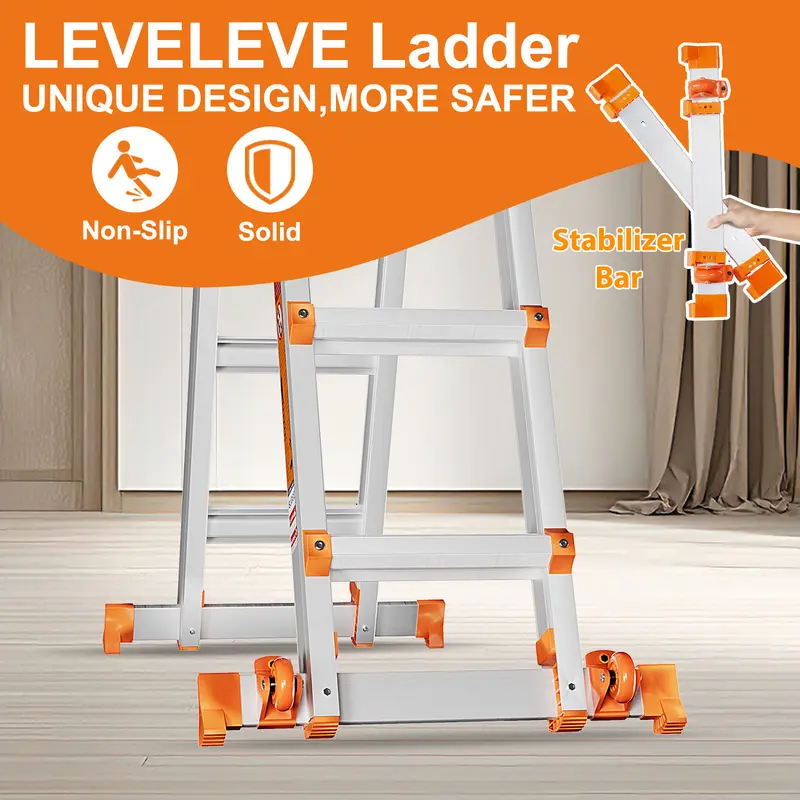Escalera extensible multiposición, escalera de tijera tipo A con barra estabilizadora y ruedas; capacidad de carga segura de 330 lb; segura para escaleras, el hogar, interiores, exteriores y trabajos en techos.