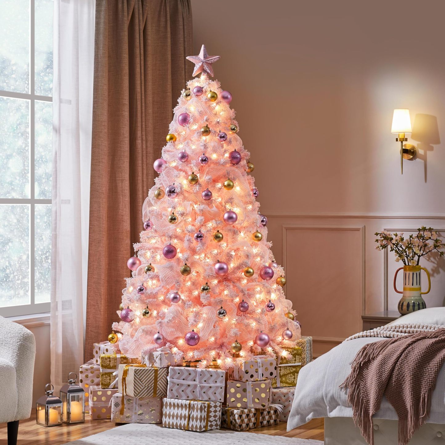 [Oferta especial de preventa]Yaheetech Árbol de Navidad Artificial Preiluminado de 6.5ft con 820 Puntas y 250 Luces Blancas Cálidas, Soporte Plegable, Color Blanco